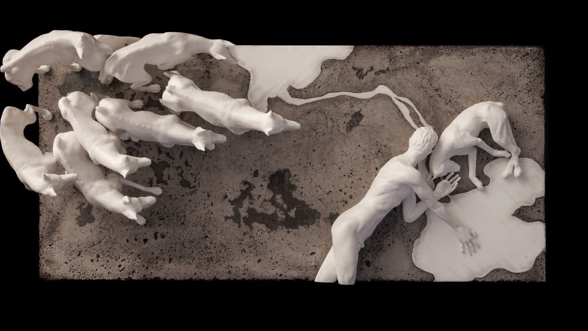 sculpture, impression 3D, 3D printed, Concrete, béton, ABS, entre chien et loup, meute, chien, homme, 
